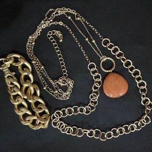 Beautiful Long Gold Chain with Stone and Chunky Bracelet